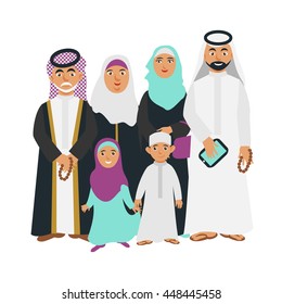 Arab cartoon people father with gadget, mother, son, daughter, grandmother and grandfather. Vector eps 10 format.