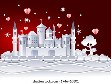 Arab castle with mosque paper cut and mini heart, snow flake decoration vector. Islamic craft landmark tower celebration 