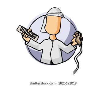 Arab character holding a comb and electric hair trimmer, hand drawn sketch on a white background. Suitable for fashion campaigns, healthy life style, and hair style adverts.