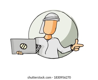 Arab character holding a laptop, hand drawn sketch on an isolated white background. Suitable for presentations, project description, marketing and new model launch adverts and campaigns. 