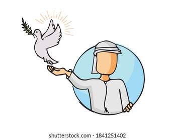 Arab character holding a peace dove, hand drawn sketch on isolated white background. Suitable for peace mission and peace treaties  and celebration of international peace day.