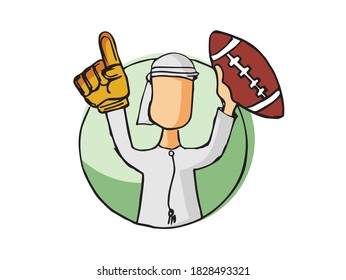 Arab character holding a rugby ball, hand drawn sketch on a white background. Suitable for rugby championships.