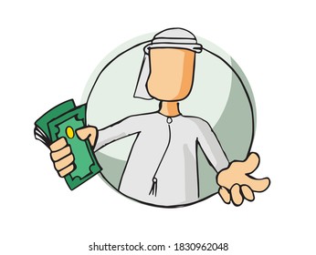 Arabischer Charakter, der einen Stapel Geld hält, handgezeichnete Skizze auf isoliertem weißem Hintergrund. Geeignet für finanzielle Werbung und Kampagnen