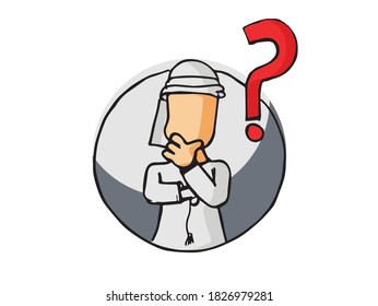 Arab character thinking about something. Hand drawn sketch on a white background. Suitable for career choices, lifestyle events, innovation, creativity and inventions. 