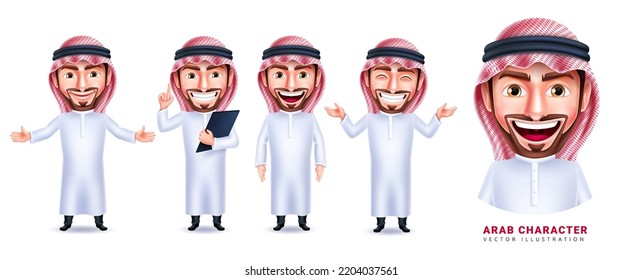Arab character vector set design. Saudi arabian man characters with smiling face and standing poses isolated in white background. Vector Illustration.
