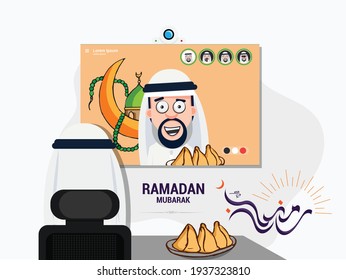 An Arab character wishing online RAMADAN Greetings concept to family and friend, with RAMADAN MUBARAK written in Arabic Calligraphy, along the iftar food including samosa 
