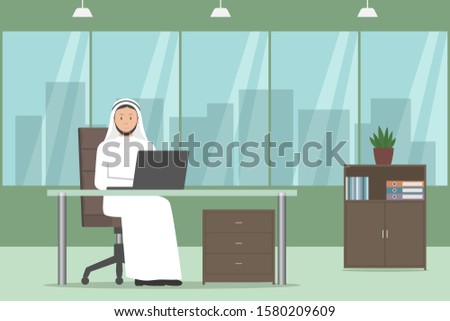 Arab chief in thawb working on laptop in his office. Vector illustration.