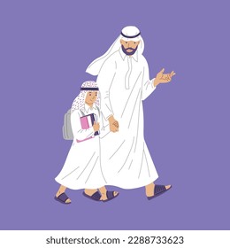 Arab child with father walking to school, flat vector illustration isolated on purple background. Boy with backpack holding books. Concept of education.