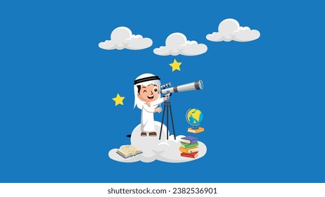 Arab child, science, child looking through binoculars,