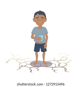 Arab child suffering from lack of water. Southeast Asian child suffering from lack of water. Flat vector illustration.