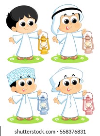 Arab children carrying Ramadan lanterns 