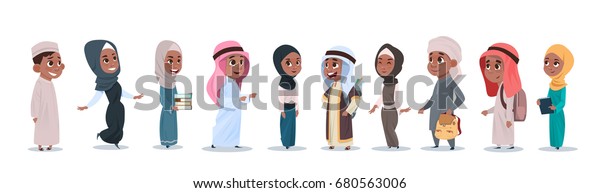 阿拉伯儿童女童和男童组小卡通学生收藏穆斯林学生平面矢量插画库存矢量图 免版税