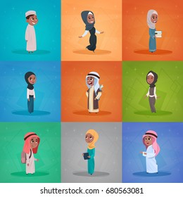 Arab Children Girls And Boys Set Small Cartoon Pupils Collection Muslim Students Flat Vector Illustration