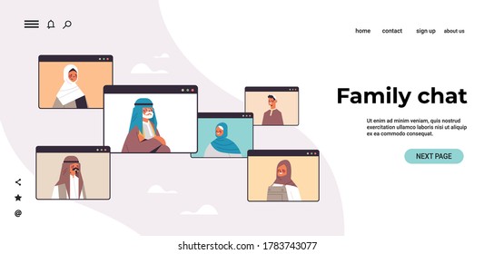arab children parents and grandparents discussing during video call family chat online communication concept arabic people chatting in web browser windows portrait horizontal copy space vector