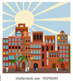 Arab city elements: architecture, buildings, streets, landscape,  landmarks. Vector illustration concept. 