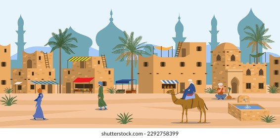 Arab city. Men and women in traditional clothes on background of oriental architecture. Bedouin with camel and old man with flute and snake. Tourism and travel. Cartoon flat vector illustration