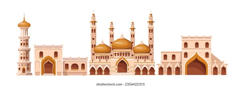 Arab city with old houses vector illustration. Cartoon isolated ancient Middle East town or village buildings, Arabian heritage fort in desert, panorama with castle and houses, Islam mosque and towers