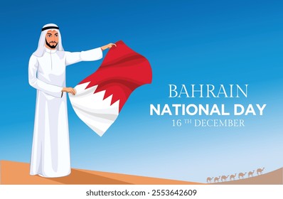 Arab civilian hosts a flag in the desert on kingdom of Bahrain's Independence Day Bahraini Nationals Foundation day, patriotic fervor, cultural events, parades and spectacular fireworks at Middle East