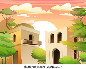 Arab clay double decker hut. Sun rising. Middle Eastern adobe dwelling. Africa and Asia traditional house. Vector.