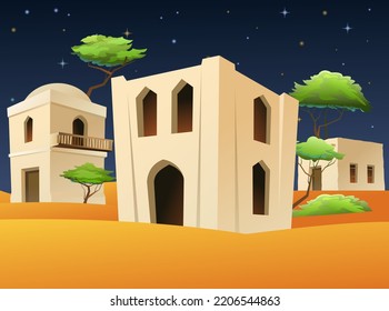 Cabaña de barro árabe de dos pisos. Paisaje nocturno. Vivienda de adobe en Medio Oriente. Casa tradicional de África y Asia. Vector