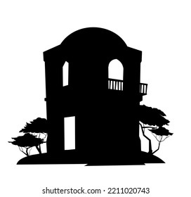 Arab clay double decker hut with balcony. Silhouette composition.Middle Eastern adobe dwelling. Africa and Asia traditional house. Isolated on white background Vector.