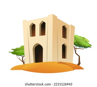 Arab clay double decker hut. In sandy desert. Middle Eastern adobe dwelling. Africa and Asia traditional house. Isolated on white background Vector