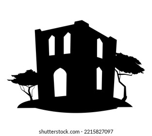 Arab clay double decker hut. Middle Eastern adobe dwelling. Silhouette composition. Africa and Asia traditional house. Isolated on white background Vector