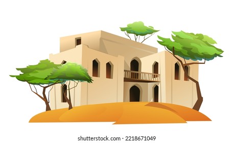 Arab clay hut with balcony. Middle Eastern adobe dwelling. In sandy desert. Africa and Asia traditional house. Isolated on white background Vector