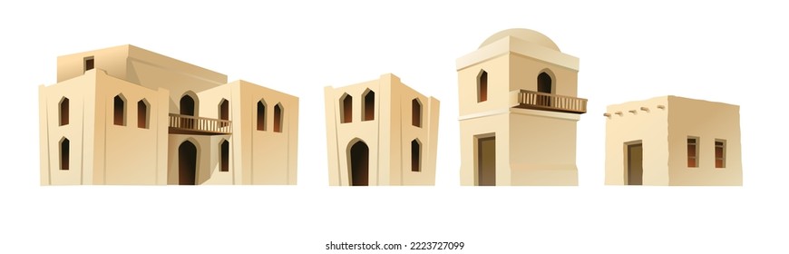 Arab clay hut. Middle Eastern adobe dwelling. Africa and Asia traditional house. Isolated on white background Vector.