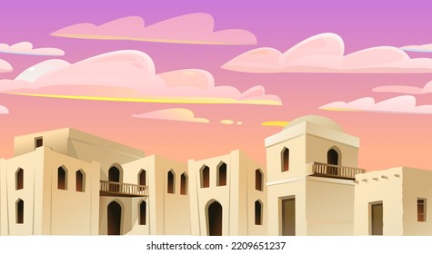 Arab clay hut. Morning dawn. Middle Eastern adobe dwelling. Africa and Asia traditional house. Vector