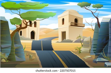 Arab Clay Hut. Road In Sandy Desert. Middle Eastern Adobe Dwelling. Africa And Asia Traditional House. Vector