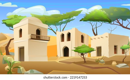 Arab clay hut. In sandy desert. Middle Eastern adobe dwelling. Africa and Asia traditional house. Vector