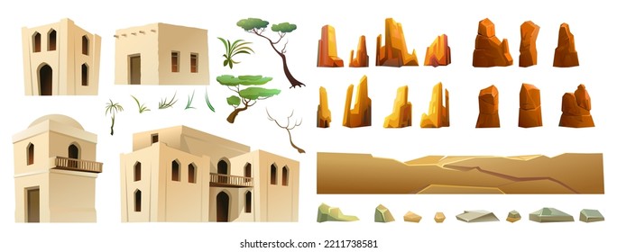 Cabaña de arcilla árabe. Conjunto de objetos y rocas. Vivienda de adobe en Medio Oriente. Casa tradicional de África y Asia. Aislado sobre el vector de fondo blanco.