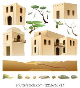 Cabaña de arcilla árabe. Conjunto de objetos. Vivienda de adobe en Medio Oriente. Casa tradicional de África y Asia. Aislado en el vector de fondo blanco