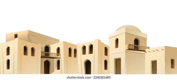 Arabische Tonhütte. Straße in der kleinen südlichen Stadt. Nahtlose Grenze. Wohnsitz im Nahen Osten. Traditionelles Haus in Afrika und Asien. Einzeln auf weißem Hintergrund, Vektorgrafik