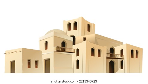 Arab clay huts. Small southern town. Middle Eastern adobe dwelling. Africa and Asia traditional house. Isolated on white background Vector.