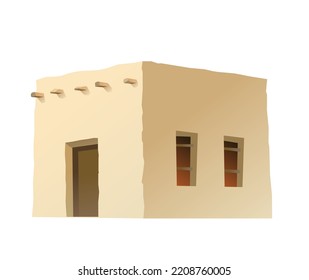 Arab clay simple hut. Middle Eastern adobe dwelling. Africa and Asia traditional house. Isolated on white background Vector