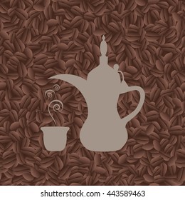 Arab coffee pot on background of seamless pattern of coffee beans- vector illustration.EPS 10