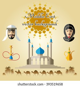 Arab concept background with camels, mosque and people in traditional Middle East clothes. Vector background with text