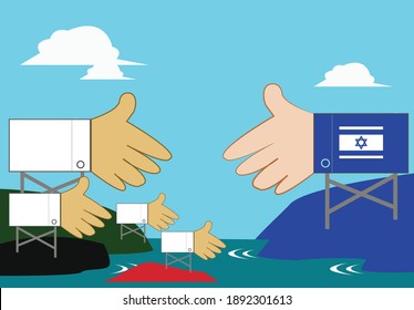 Los países árabes le dan la mano al concepto de Israel. Imágenes prediseñadas editables.