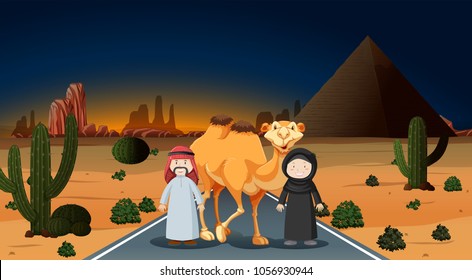 Arab couple with camel on the desert illustration