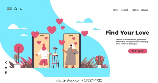 arab couple chatting online mobile dating app arabic man woman discussing during virtual meeting social relationship communication concept horizontal copy space vector illustration
