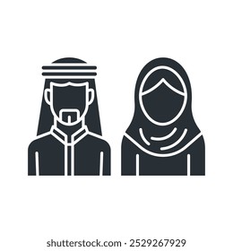 Pareja árabe icono plano. Personas sauditas. Hombre y mujer musulmanes con ropa tradicional. Ilustración vectorial aislada