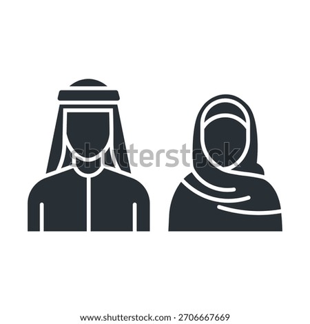 Arab couple flat icon. Saudi People. Muslim man and woman in traditional clothes. Isolated vector illustration