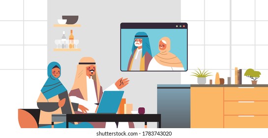 arab couple having virtual meeting with aribic grandparents during video call family chat online communication concept living room interior portrait horizontal vector illustration