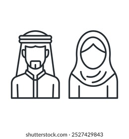 Icono de línea de pareja árabe. Personas sauditas. Hombre y mujer musulmanes con ropa tradicional. Ilustración vectorial aislada