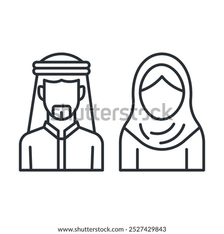 Arab couple line icon. Saudi People. Muslim man and woman in traditional clothes. Isolated vector illustration