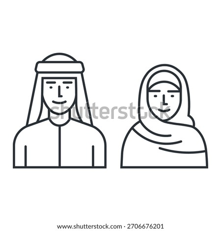 Arab couple line icon. Saudi People. Muslim man and woman in traditional clothes. Isolated vector illustration