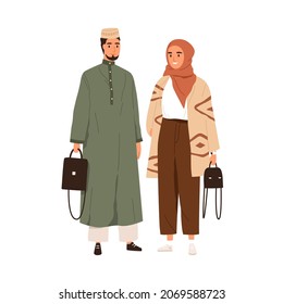 Arab couple in modern casual clothes and headwears. Portrait of Muslim man in thobe and woman in hijab and pants. People in trendy outfit. Colored flat vector illustration isolated on white background