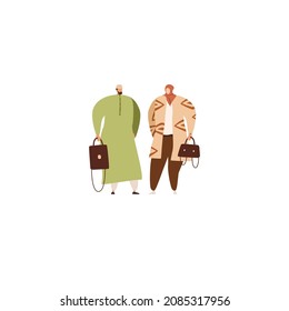 Arab couple in modern casual clothes and headdress. Portrait of Muslim man in thobe and woman in hijab and pants. People in trendy outfit.